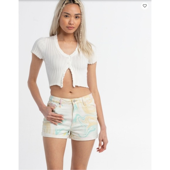 Hi-Rise Pants - Hi-Rise Mom Shorts Swirl Print Denim Cuffed‎ Hem Casual Trendy Size 1/25 NWT